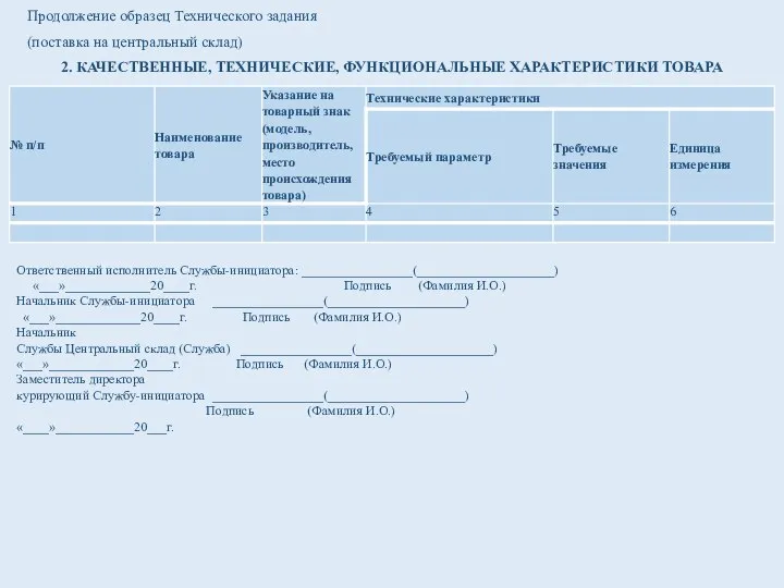 Продолжение образец Технического задания (поставка на центральный склад) Ответственный исполнитель Службы-инициатора: