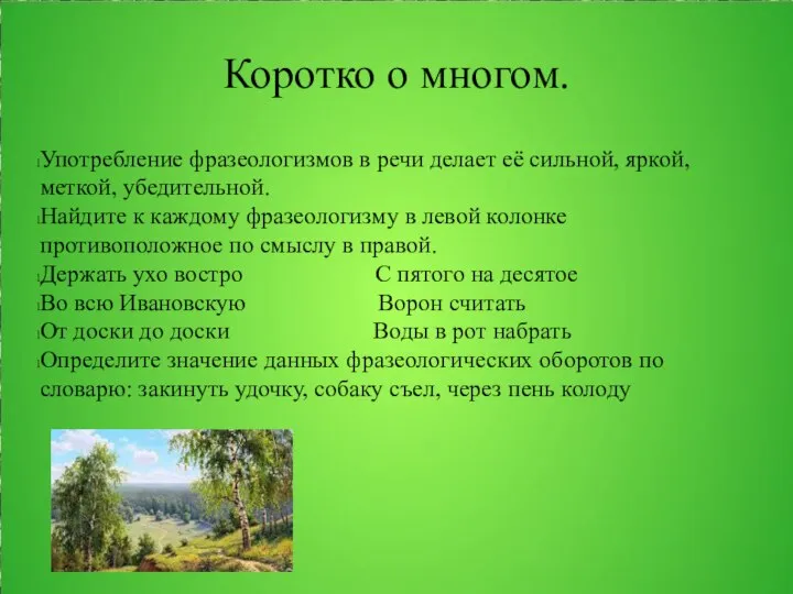 Коротко о многом. Употребление фразеологизмов в речи делает её сильной, яркой,