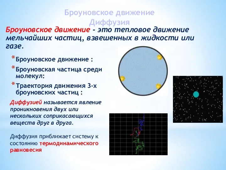Броуновское движение Диффузия Броуновское движение : Броуновская частица среди молекул: Траектория