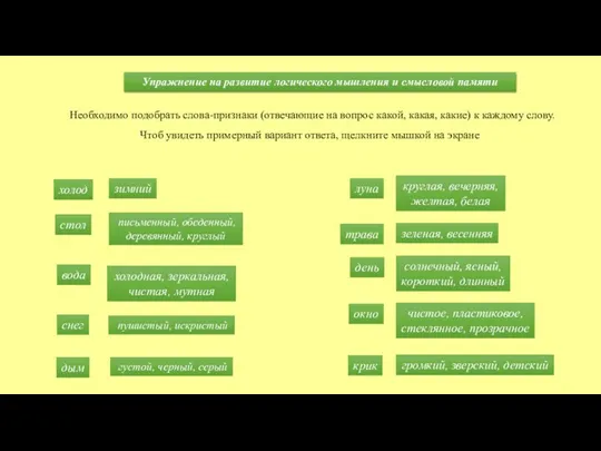 Упражнение на развитие логического мышления и смысловой памяти Необходимо подобрать слова-признаки