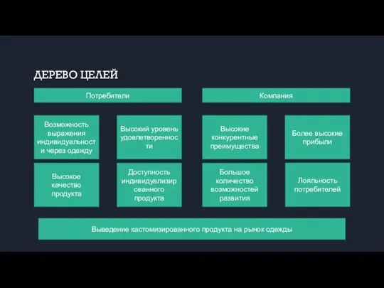 ДЕРЕВО ЦЕЛЕЙ Выведение кастомизированного продукта на рынок одежды Потребители Компания Возможность