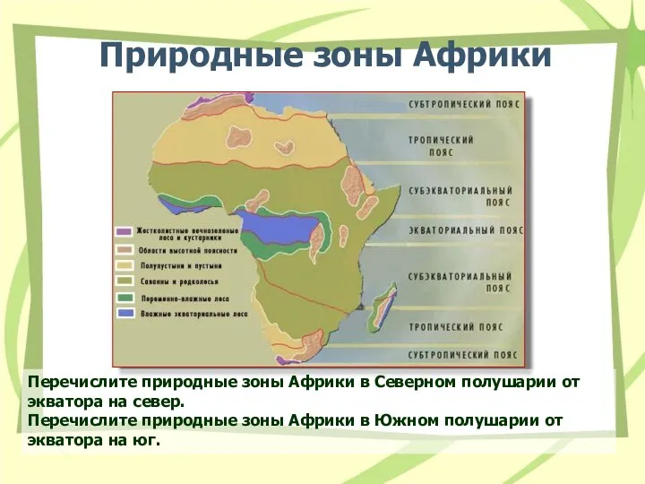 Природные зоны Африки Перечислите природные зоны Африки в Северном полушарии от