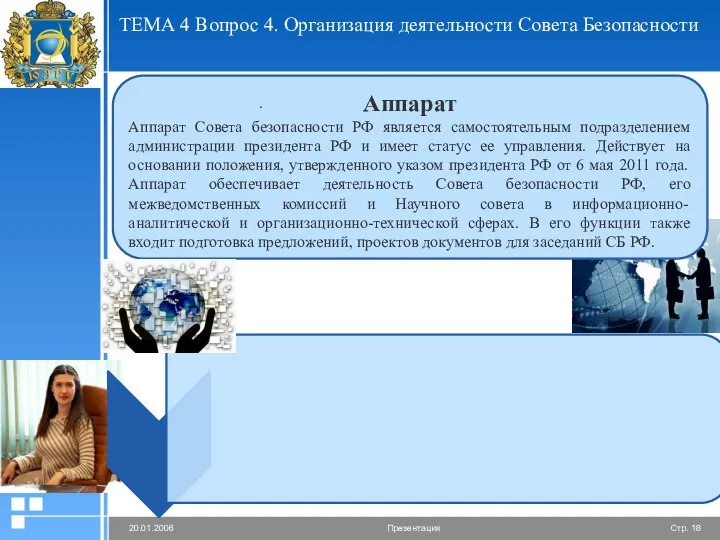 ТЕМА 4 Вопрос 4. Организация деятельности Совета Безопасности Аппарат Аппарат Совета