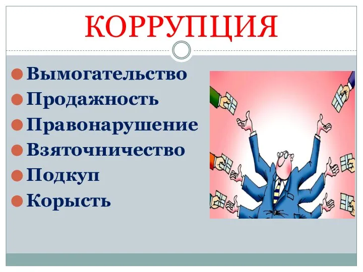 КОРРУПЦИЯ Вымогательство Продажность Правонарушение Взяточничество Подкуп Корысть