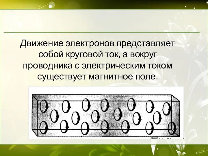 Движение электронов представляет собой круговой ток, а вокруг проводника с электрическим током существует магнитное поле.