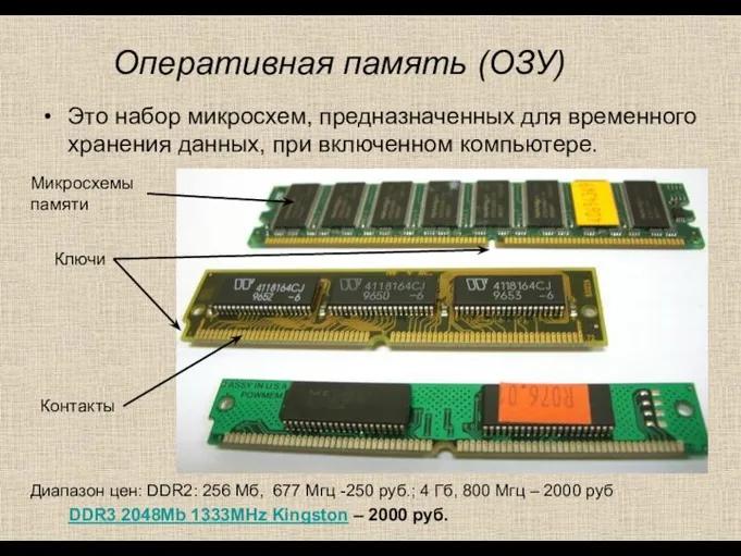 Оперативная память (ОЗУ) Это набор микросхем, предназначенных для временного хранения данных,