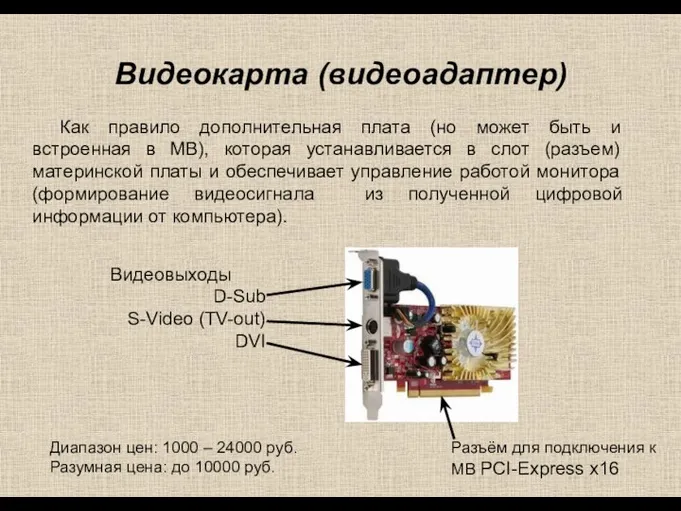 Видеокарта (видеоадаптер) Как правило дополнительная плата (но может быть и встроенная