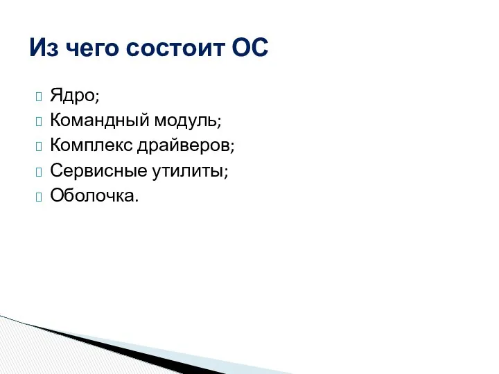 Ядро; Командный модуль; Комплекс драйверов; Сервисные утилиты; Оболочка. Из чего состоит ОС