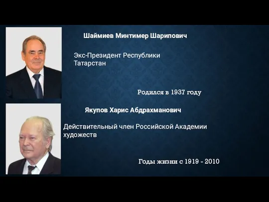 Шаймиев Минтимер Шарипович Экс-Президент Республики Татарстан Родился в 1937 году Якупов