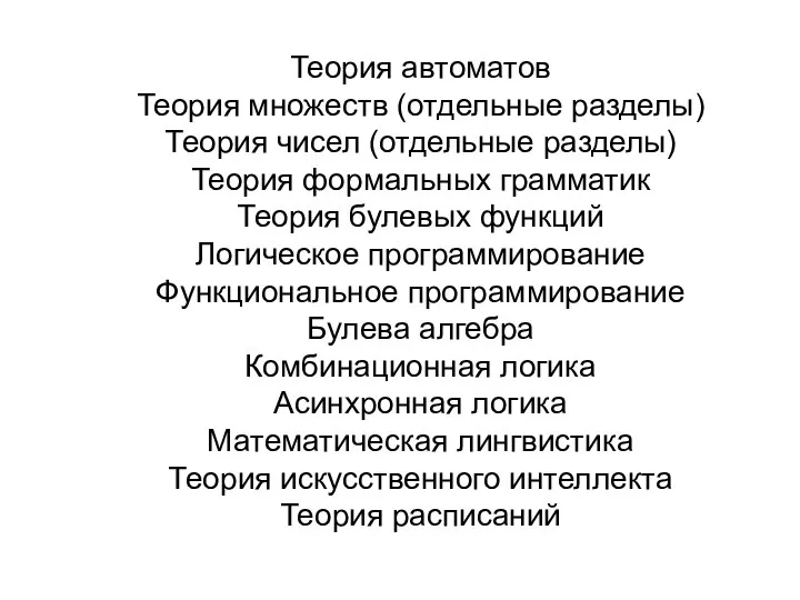 Теория автоматов Теория множеств (отдельные разделы) Теория чисел (отдельные разделы) Теория