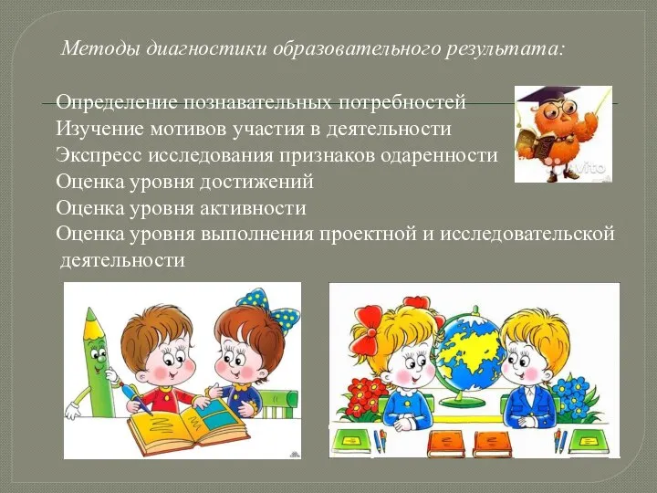 Методы диагностики образовательного результата: Определение познавательных потребностей Изучение мотивов участия в