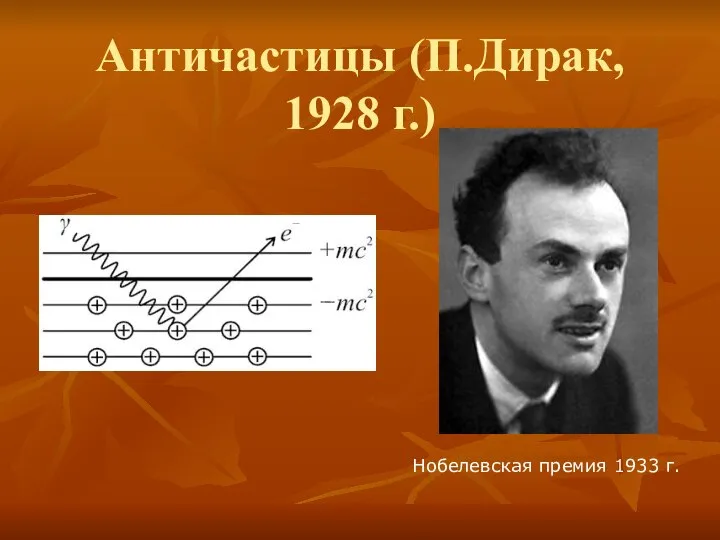 Античастицы (П.Дирак, 1928 г.) Нобелевская премия 1933 г.
