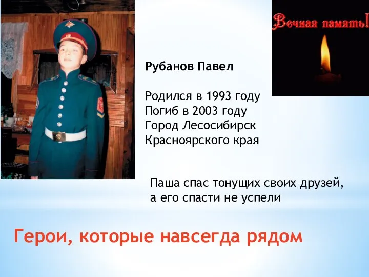 Герои, которые навсегда рядом Рубанов Павел Родился в 1993 году Погиб