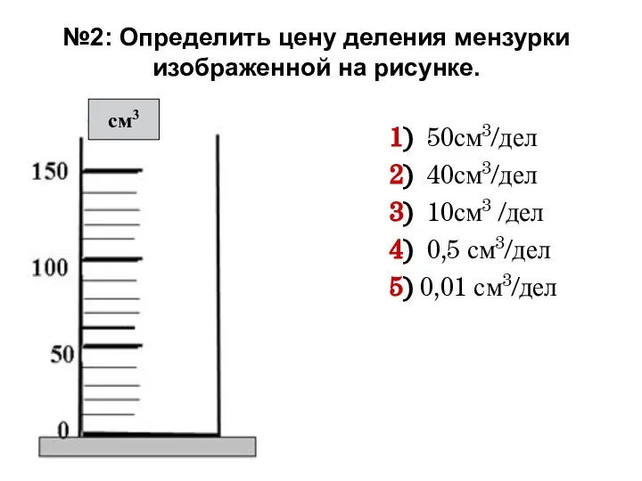 №2: Определить цену деления мензурки изображенной на рисунке. 1) 50см3/дел 2)