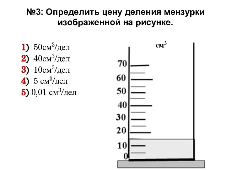 №3: Определить цену деления мензурки изображенной на рисунке. 1) 50см3/дел 2)