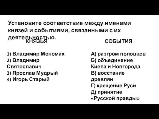 Установите соответствие между именами князей и событиями, связанными с их деятельностью.