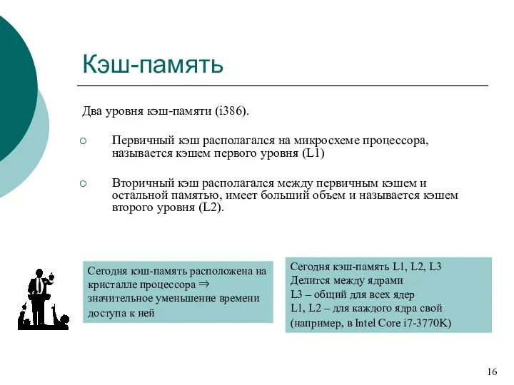 Кэш-память Два уровня кэш-памяти (i386). Первичный кэш располагался на микросхеме процесcора,