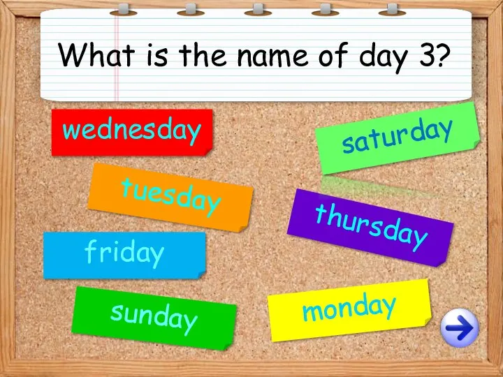 monday tuesday wednesday thursday friday saturday sunday What is the name of day 3?