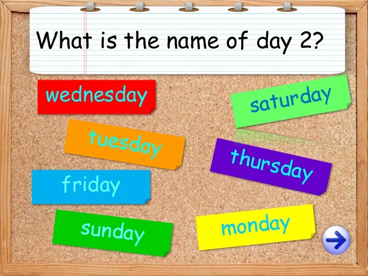 monday tuesday wednesday thursday friday saturday sunday What is the name of day 2?