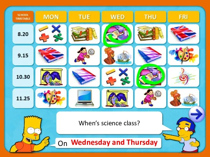 On When’s science class? Wednesday and Thursday
