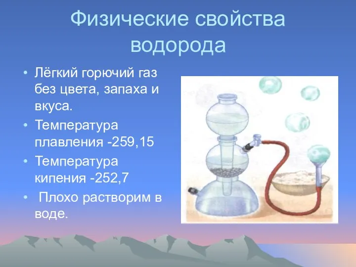 Физические свойства водорода Лёгкий горючий газ без цвета, запаха и вкуса.