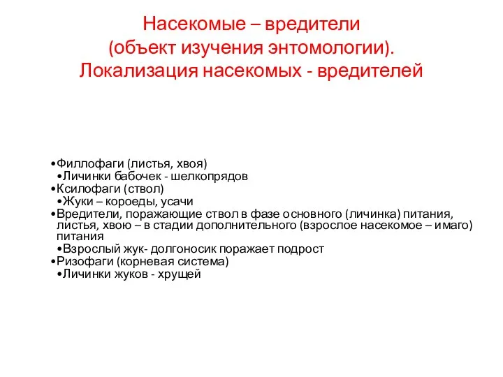 Насекомые – вредители (объект изучения энтомологии). Локализация насекомых - вредителей Филлофаги