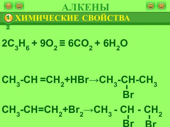 2C3H6 + 9O2 ≡ 6CO2 + 6H2O ХИМИЧЕСКИЕ СВОЙСТВА АЛКЕНЫ