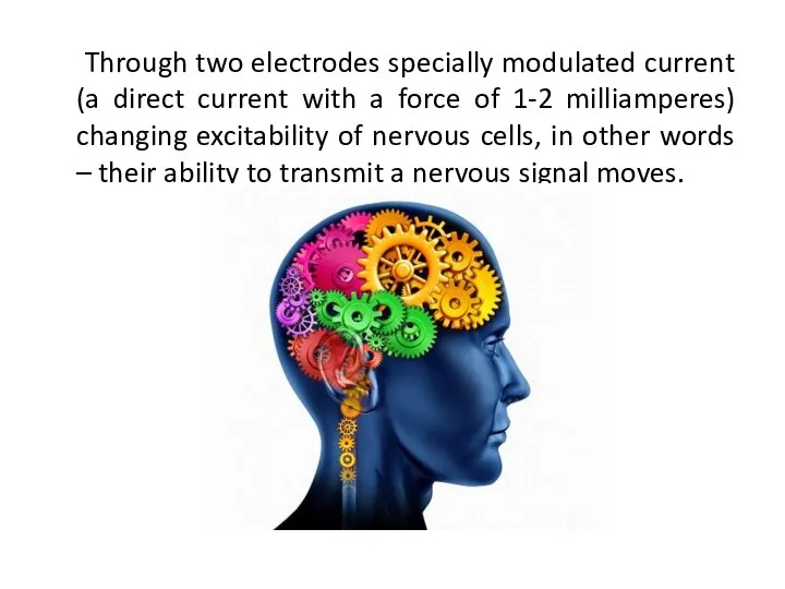 Through two electrodes specially modulated current (a direct current with a