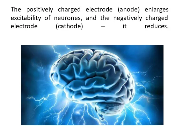 The positively charged electrode (anode) enlarges excitability of neurones, and the