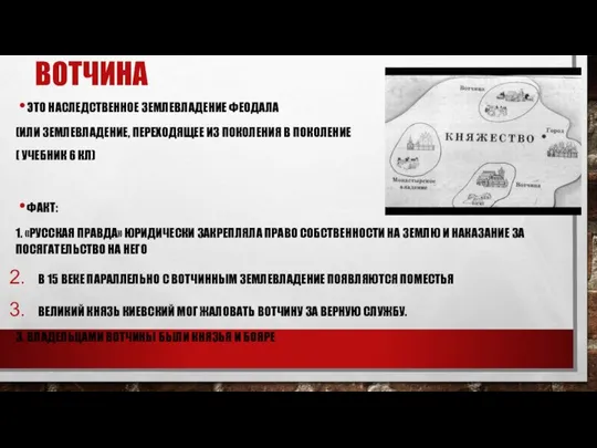 ВОТЧИНА ЭТО НАСЛЕДСТВЕННОЕ ЗЕМЛЕВЛАДЕНИЕ ФЕОДАЛА (ИЛИ ЗЕМЛЕВЛАДЕНИЕ, ПЕРЕХОДЯЩЕЕ ИЗ ПОКОЛЕНИЯ В