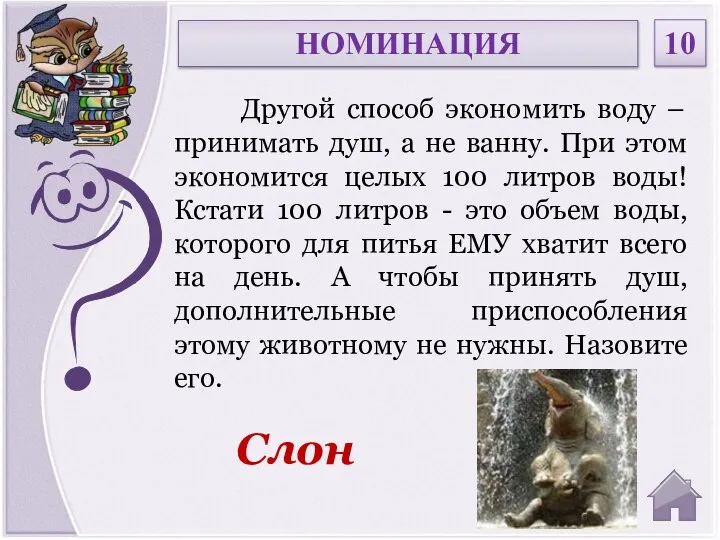 Слон Другой способ экономить воду – принимать душ, а не ванну.