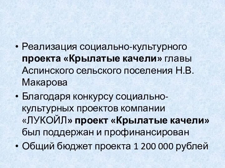 Реализация социально-культурного проекта «Крылатые качели» главы Аспинского сельского поселения Н.В. Макарова