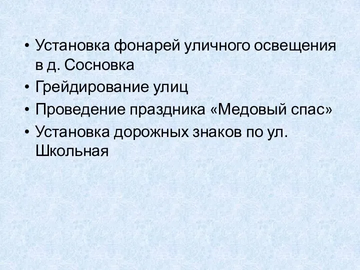 Установка фонарей уличного освещения в д. Сосновка Грейдирование улиц Проведение праздника