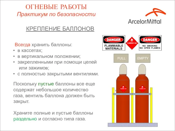 FULL EMPTY Всегда хранить баллоны: в кассетах; в вертикальном положении; закрепленными