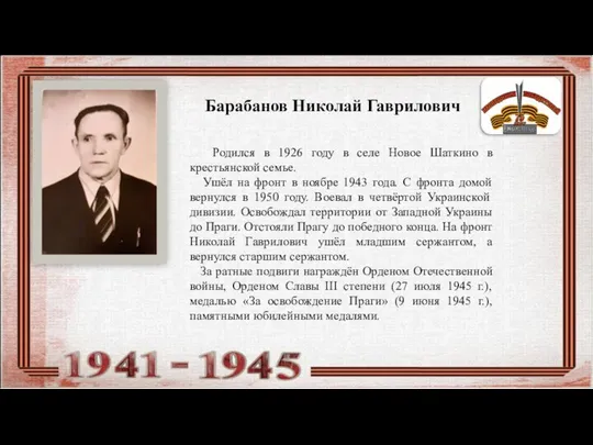 Барабанов Николай Гаврилович Родился в 1926 году в селе Новое Шаткино