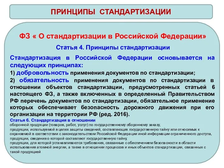 ПРИНЦИПЫ СТАНДАРТИЗАЦИИ ФЗ « О стандартизации в Российской Федерации» Статья 4.