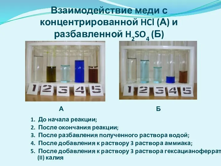 Взаимодействие меди с концентрированной HCl (А) и разбавленной H2SO4 (Б) 1.