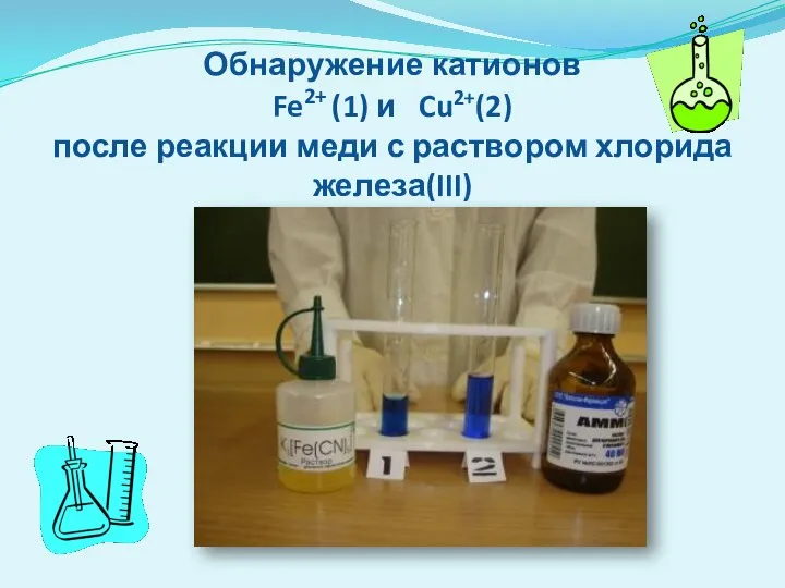 Обнаружение катионов Fe2+ (1) и Cu2+(2) после реакции меди с раствором хлорида железа(III)