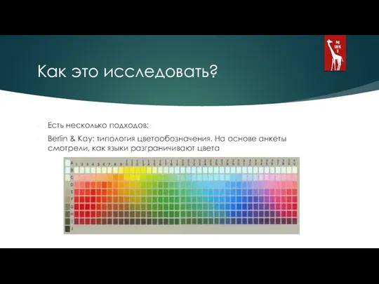 Как это исследовать? Есть несколько подходов: Berlin & Kay: типология цветообозначения.