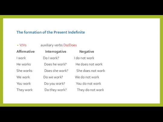 The formation of the Present Indefinite V/Vs auxiliary verbs Do/Does Affirmative