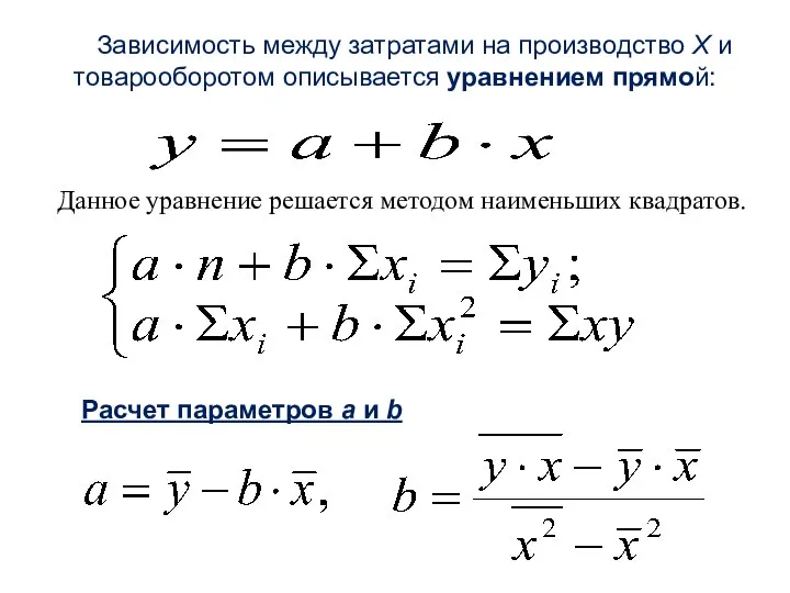 Расчет параметров а и b Зависимость между затратами на производство Х