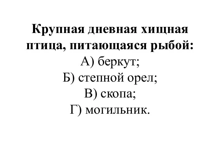 Крупная дневная хищная птица, питающаяся рыбой: А) беркут; Б) степной орел; В) скопа; Г) могильник.