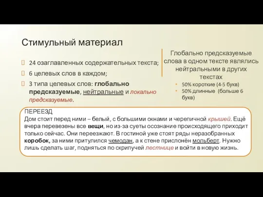 Стимульный материал 24 озаглавленных содержательных текста; 6 целевых слов в каждом;