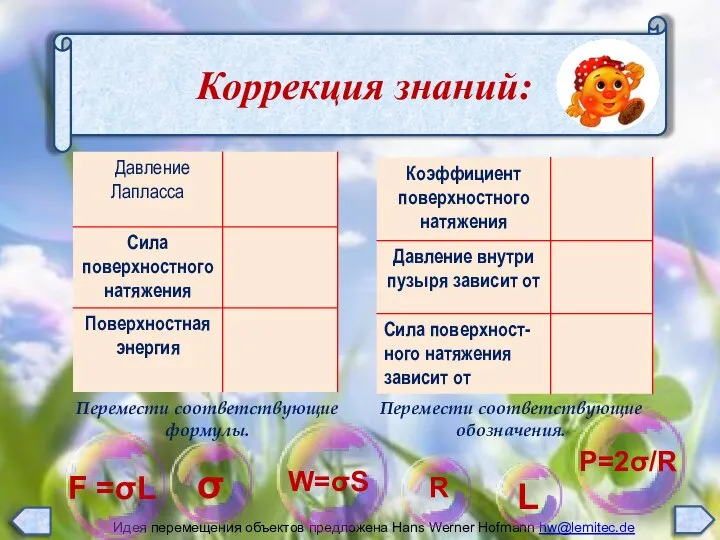 Идея перемещения объектов предложена Hans Werner Hofmann hw@lemitec.de Коррекция знаний: Р=2σ/R