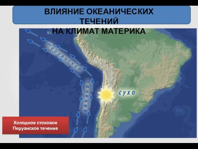 ВЛИЯНИЕ ОКЕАНИЧЕСКИХ ТЕЧЕНИЙ НА КЛИМАТ МАТЕРИКА Холодное стоковое Перуанское течение