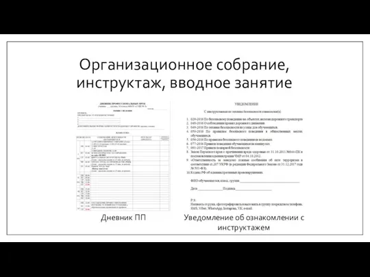 Организационное собрание, инструктаж, вводное занятие Дневник ПП Уведомление об ознакомлении с инструктажем