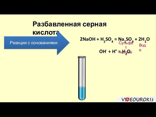 Разбавленная серная кислота Реакции с основаниями 2NaOH + H2SO4 = Na2SO4