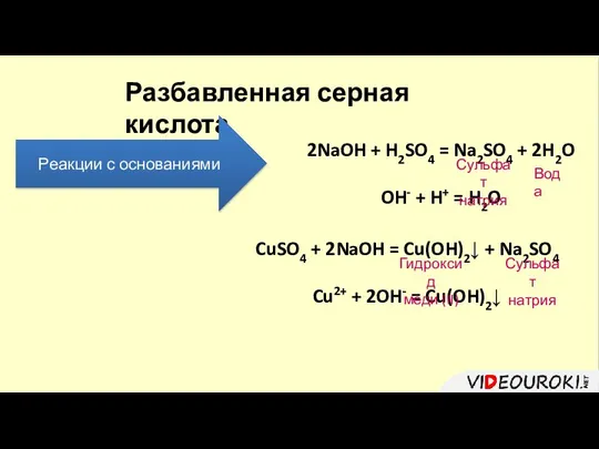 Разбавленная серная кислота Реакции с основаниями 2NaOH + H2SO4 = Na2SO4