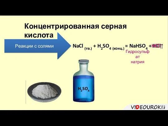 Концентрированная серная кислота Реакции с солями Гидросульфат натрия NaCl (тв.) +