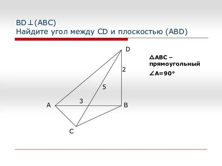 BD⊥(АВС) Найдите угол между CD и плоскостью (ABD) △АВС – прямоугольный ∠А=90° 5 3 2